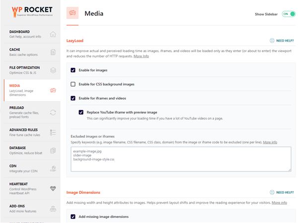 WP ROCKET MEDIA 설정