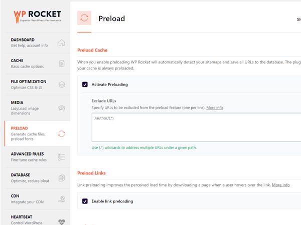 WP ROCKET PRELOAD 세팅